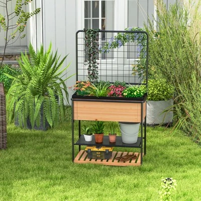 Tangkula Raised Wooden Garden Bed With Metal Trellis 59” Elevated Planter Box With Open Storage Shelves Removable Grid Divider 4 Tangkula Raised Wooden Garden Bed With Metal Trellis 59” Elevated Planter Box With Open Storage Shelves Removable Grid Divider - Image 2