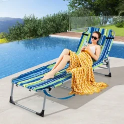 Tangkula Folding Chaise Lounge Chair Sunbathing Recliner W/ Face Hole & Removable Pillow Navy Blue -Tangkula GUEST 3077f908 eefe 4c99 b76f 0361e388b2d0