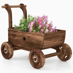 Tangkula Wooden Wagon Planter Box Decorative Garden Planter W/ Wheels Handle Drain Hole Rustic Wooden Flower Planter -Tangkula GUEST 317275d2 8509 4764 b764 214ebec9eee3