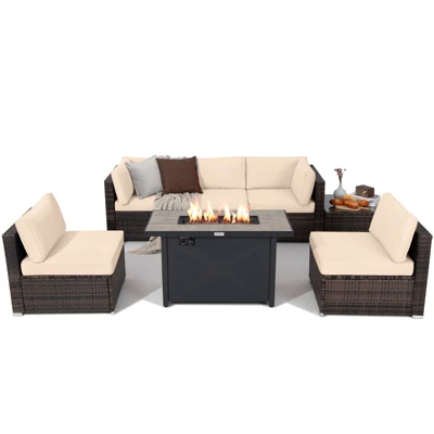 Tangkula 7PCS Patio Rattan Furniture Set Fire Pit Table Cover Cushion Beige 12 Tangkula 7PCS Patio Rattan Furniture Set Fire Pit Table Cover Cushion Beige - Image 10