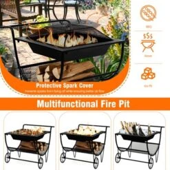Tangkula 21.5" Fire Pit & Firewood Log Rack Outdoor Square Firepit & Firewood Holder With Spark Screen Rolling Wheels -Tangkula GUEST 3236704d be61 4f36 b2dc c63049781d19
