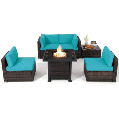 Tangkula 6 Piece Patio Wicker Conversation Set, Outdoor Rattan Sofa Set W/ 32" Propane Fire Pit Table, 50,000 BTU Heat, Tempered Glass Tabletop Black/Navy Blue/Red/Turquoise/Off White 16 Tangkula 6 Piece Patio Wicker Conversation Set, Outdoor Rattan Sofa Set W/ 32" Propane Fire Pit Table, 50,000 BTU Heat, Tempered Glass Tabletop Black/Navy Blue/Red/Turquoise/Off White - Image 14