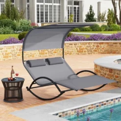 Tangkula Outdoor Double Chaise Rocker Rocking Daybed Sun Lounger W/ Sun Shade Canopy -Tangkula GUEST 3243887e a8ff 4edd 8b54 f96a4dfb8a61