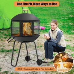 Tangkula Portable Fire Pit W/ Wheels 28" Wood Burning Fire Pit W/ Log Grate Poker Rolling Patio Fireplace Bonfire Firepit For Outdoor Entertaining -Tangkula GUEST 327078b9 3156 426c a6ff aa76c6a74925