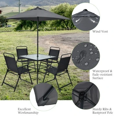 Tangkula 6-Piece Patio Dinning Sets Garden Table Set Outdoor Folding Chairs & Glass Table Set W/ Umbrella Grey 8 Tangkula 6-Piece Patio Dinning Sets Garden Table Set Outdoor Folding Chairs & Glass Table Set W/ Umbrella Grey - Image 6