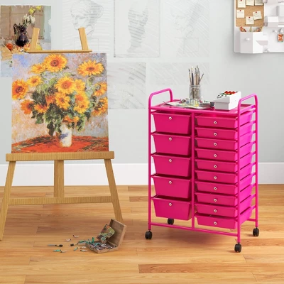 Tangkula 15 Drawer Rolling Storage Cart Opaque Multicolor Drawers Home Organizer Mixed Hot Pink 4 Tangkula 15 Drawer Rolling Storage Cart Opaque Multicolor Drawers Home Organizer Mixed Hot Pink - Image 2