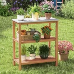 Tangkula 3-Tier Patio Garden Potting Bench Table W/ Acacia Wood 2 Slatted Shelves -Tangkula GUEST 340562b6 f3ee 4ffc 9695 35dcb20a11cd