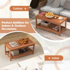Tangkula Patio Hardwood Coffee Table 2-Tier Wooden Coffee Table With Slatted Tabletop & Storage Shelf Outdoor Rectangular Cocktail Table -Tangkula GUEST 343b7ebf ec43 462d bb0e 541a1e614aaf