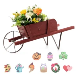 Tangkula Flower Pot Wheelbarrow Planter Solid Pine Wood Wagon Planter W/ Triangular Metal Support 2 Energy-saving Handles Movable Whee Walnut/Red -Tangkula GUEST 344227a5 2282 4dbf ac00 4cc84cd9fed4