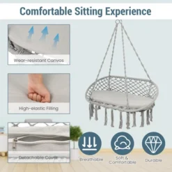 Tangkula 2 Person Hanging Hammock Chair W/ Cushion Macrame Swing 330 Lbs Capacity Grey 18 Tangkula 2 Person Hanging Hammock Chair W/ Cushion Macrame Swing 330 Lbs Capacity Grey -Tangkula GUEST 365e37bd b890 45f5 9d19 685dec5c6624