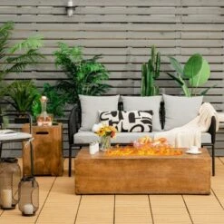 Tangkula 2-Piece 48” Propane Fire Pit Table Rectangular 50,000 BTU W/20 Gallon Tank Side Table For Courtyard Balcony Garden