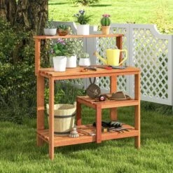 Tangkula Outdoor Potting Bench Table W/Open Shelves Teak Oil Finish Gardening Workstation