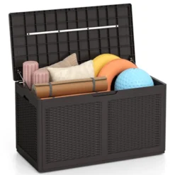Tangkula 103 Gallon Resin Outdoor Storage Box Waterproof Deck Box W/ Lockable Lid & Wheels Brown/Black/Grey -Tangkula GUEST 383d10a5 8c81 4290 a5ec 3e580801e34e