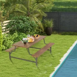 Tangkula 71" Patio Picnic Table Bench Set Outdoor Camping Table Set W/ Acacia Wood Tabletop & Seat 2" Umbrella Hole -Tangkula GUEST 39ced2ac ce19 4d26 874f 01787d378c06