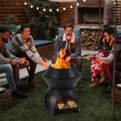 Tangkula 3-in-1 Patio Fire Pit 20" Metal Camping Fire Bowl W/ Pot Holder & Storage Shelf
