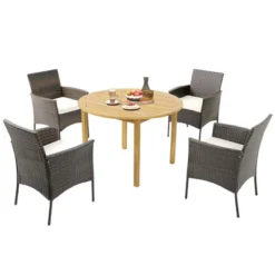 Tangkula 5 PCS Patio Dining Set Round Acacia Wood Table 4 Cushioned Wicker Armchairs -Tangkula GUEST 3ac5a07f d79e 4ef8 a612 8c92d26f36e6