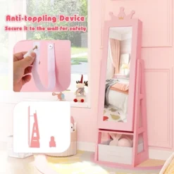 Tangkula Kids Jewelry Cabinet W/ Full-Length Mirror Foldable Drawer Anti-toppling System -Tangkula GUEST 3b57af12 0922 420a 9e74 d72b180a7ca3