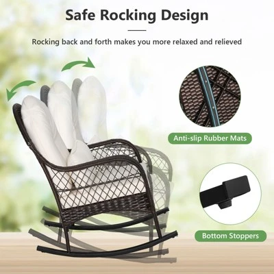 Tangkula 2PCS Patio Wicker Rocking Chair W/ White Seat Cushions & Lumbar Pillow Porch 3 Tangkula 2PCS Patio Wicker Rocking Chair W/ White Seat Cushions & Lumbar Pillow Porch
