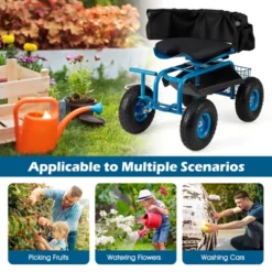 Tangkula Rolling Garden Cart Work Seat Height Adjustable Swivel Stool Cart With Removable Cushion & 2 Steering Handles -Tangkula GUEST 3c696a06 8012 4cc9 8329 f2c83e9b2868