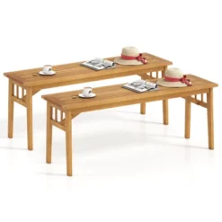 Tangkula 2 PCS Acacia Wood Outdoor Bench 48" Long Backless Wooden Picnic Bench W/ Slatted Seat -Tangkula GUEST 3ccfe741 3f98 4253 b292 4d870a5afd9a