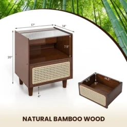 Tangkula 2PCS Bamboo Rattan Nightstand Boho Bedside End Table W/ Drawer Wood Legs -Tangkula GUEST 3cdb85b7 8c8a 48e3 a7d9 1c8dcc1adca3