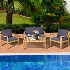 Tangkula 4 PCS Outdoor Acacia Wood Conversation Sofa Table Furniture Set W/ Grey Cushions -Tangkula GUEST 3d5e26fb 0dd2 433f ba15 583bb9919b7d
