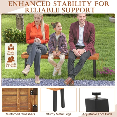 Tangkula Outdoor Acacia Wood Benches Set Of 2 W/ Slatted Top & Flared Metal Legs 6 Tangkula Outdoor Acacia Wood Benches Set Of 2 W/ Slatted Top & Flared Metal Legs - Image 4