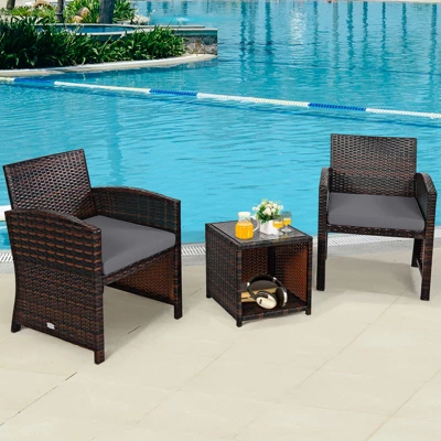 Tangkula 3 PCS Patio Rattan Furniture Set Conversation Chair Set With Soft Cushion & Coffee Table For Backyard Poolside Garden Gray 3 Tangkula 3 PCS Patio Rattan Furniture Set Conversation Chair Set With Soft Cushion & Coffee Table For Backyard Poolside Garden Gray