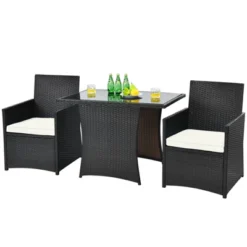 Tangkula 3PCS Patio Rattan Dining Set Space-Saving Furniture Set With Tempered Glass Top Table And Cushioned Chairs -Tangkula GUEST 3ef5acd1 cacb 49f1 abd3 100496db05d5