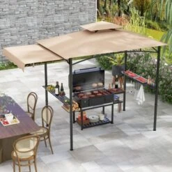 Tangkula 11 X 5 FT Grill BBQ Gazebo W/ Side Awning Double-Tiered Top 2 Side Shelves
