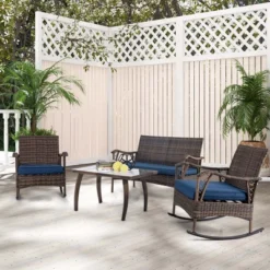 Tangkula Set Of 4 Wicker Rocking Set 2 Patio Rattan Rocker Chairs W/Loveseat & Coffee Table Heavy-Duty Metal Frame & Bungee Rope Seat Navy -Tangkula GUEST 3f930e60 3f10 4c08 95fc f28f48a164bb