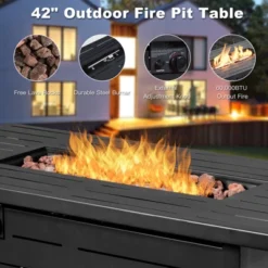 Tangkula 9 PCS Rattan Dinning Set Wicker Sofa W/Propane Gas Fire Pit 60,000 Btu Heater -Tangkula GUEST 3fc21363 167b 44b8 b86a 2eb3c8262646