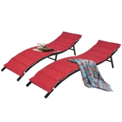 Tangkula 2PCS Outdoor Patio Rattan Wicker Lounge Chair Chaise Folding W/ Reversible Cushions Red & White -Tangkula GUEST 403273d9 2355 46e9 8a83 a3a95578d9f0