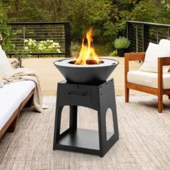Tangkula Patio Fire Pit W/ Firewood Log Rack Outdoor Wood Burning Fireplace W/ Grill & Ash Box