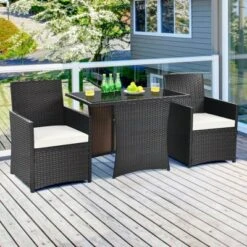 Tangkula 3PCS Patio Rattan Dining Set Space-Saving Furniture Set With Tempered Glass Top Table And Cushioned Chairs