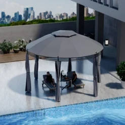 Tangkula 11.5'Outdoor Patio Round Dome Gazebo Canopy Shelter Double Roof Steel Gray