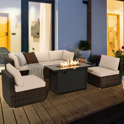 Tangkula 7PCS Patio Rattan Furniture Set Fire Pit Table Cover Cushion Beige 4 Tangkula 7PCS Patio Rattan Furniture Set Fire Pit Table Cover Cushion Beige - Image 2