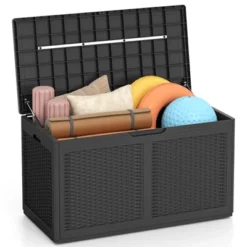 Tangkula 103 Gallon Resin Outdoor Storage Box Waterproof Deck Box W/ Lockable Lid & Wheels Brown/Black/Grey -Tangkula GUEST 41729078 a2ab 4f65 aef8 1f421539ebf9