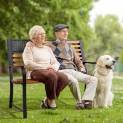 Tangkula 50” Outdoor Garden Bench 2-Person Metal Patio Chair With Flag Pattern Backrest & Rustic Wood Grain Finish -Tangkula GUEST 41dece34 d952 4219 9c8a 03fdc9256c8a