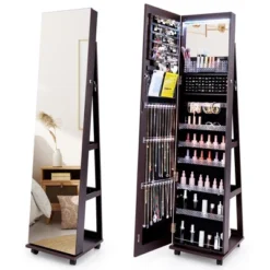 Tangkula 64" Jewelry Cabinet Armoire W/ 3-Color Lights Adjustable Shelves & Wheels -Tangkula GUEST 425b2f48 b528 4598 98b7 9f4832be797a