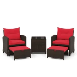 Tangkula Set Of 5 Rattan Furniture W/ 2 Wicker Ottomans & Tempered Glass Coffee Table Patio Red -Tangkula GUEST 42627eb1 7fd4 47d1 b85f 0fc068d0c4ca