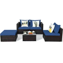 Tangkula 5PCS Cushioned Rattan Patio Conversation Set W/ Ottoman Navy Cushion -Tangkula GUEST 432e3985 8d06 4f2e 8dc2 45c54b04aa60