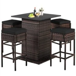 Tangkula 5PCS Patio Rattan Bar Table Stool Set Hidden Storage Shelf Cushion Red Patio Black -Tangkula GUEST 435452f6 759f 4920 97f6 339de453fed6