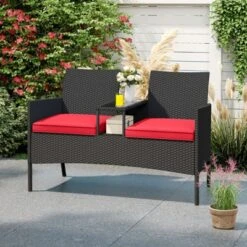 Tangkula Outdoor Rattan Loveseat 2-Seat Patio Conversation Set With Built-in Coffee Table Cushions Wicker Bench Furniture -Tangkula GUEST 43f76e96 8284 4b3f 9b98 bc4b57ebdb46