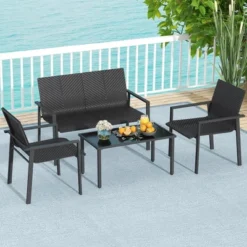 Tangkula 4 PCS Patio Furniture Set Heavy Duty Galvanized Metal Frame Wicker Table Black