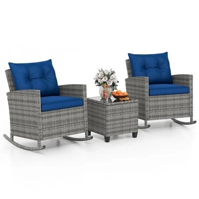Tangkula Set Of 3 Wicker Rocking Set Patio W/ Tempered Glass Table & Soft Cushions 12 Tangkula Set Of 3 Wicker Rocking Set Patio W/ Tempered Glass Table & Soft Cushions - Image 10