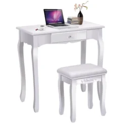Tangkula White Vanity Mirror Wood Makeup Dressing Table Stool Set White (Mirror, 3 Drawers, Stool)