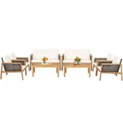 Tangkula 8PCS Patio Acacia Wood Furniture Set PE Rattan Conversation Set W/ Off White Cushions -Tangkula GUEST 457889d3 a0a1 46e0 9dd7 835fd9cd5c05
