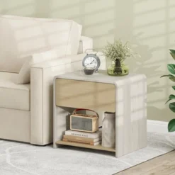 Tangkula Modern Style Nightstand 2-Tier Sofa Side Bedside Table W/ Drawer & Open Shelf