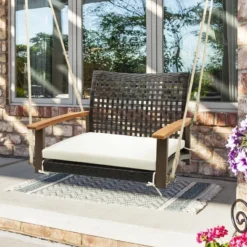 Tangkula Rattan Porch Swing Patio Wicker Single Hanging Seat W/ Seat Cushion & Acacia Wood Armrests -Tangkula GUEST 4604121a b7a2 424f 8641 ed7f30569b12